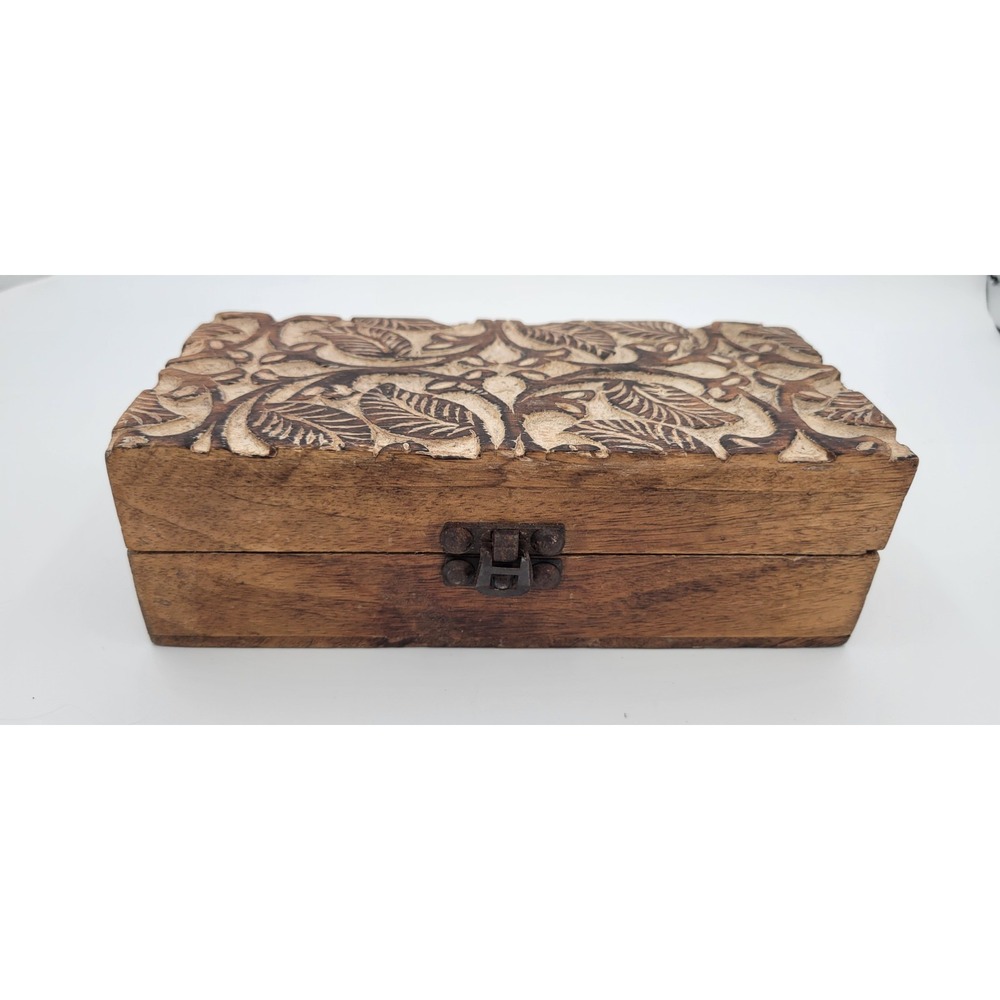 Hand Carved Wooden Jewelry Trinket Keepsake Deco Box 8x4x2.5" Farmhouse/BOHO